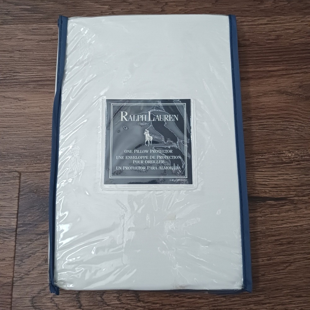 Ralph Lauren Queen Pillow Protector White Cotton Pearlized Polo Player Print New